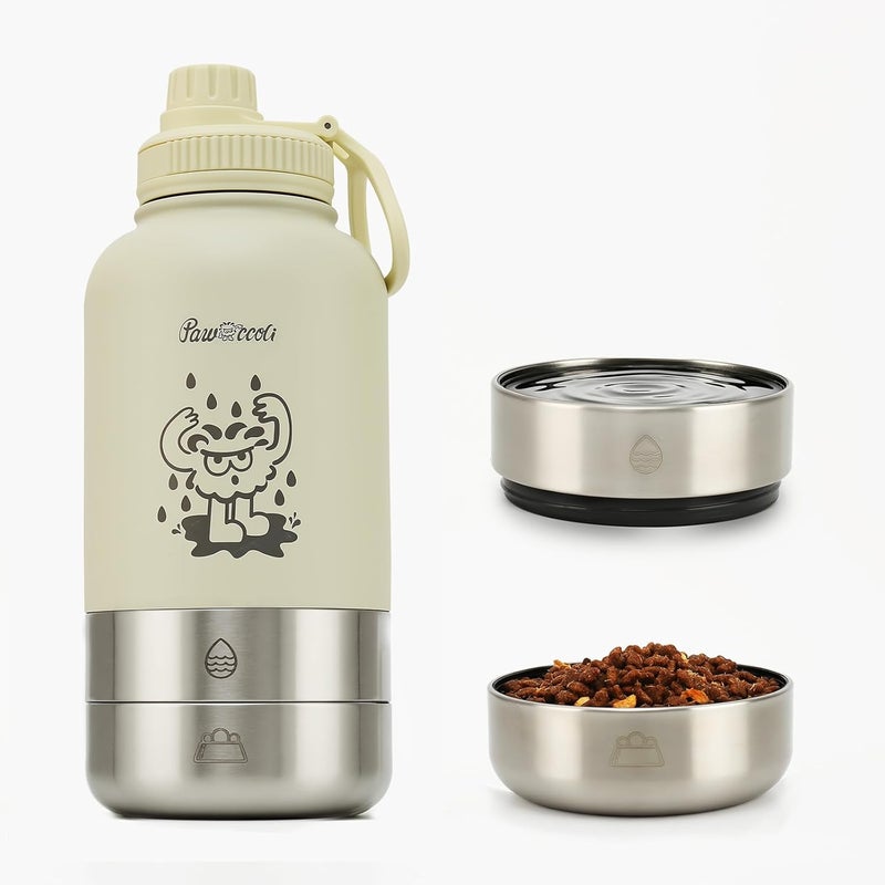 Pawccoli 34oz Dog Water Bottle, Stainless Steel Dog Water Bottle Dispenser with Detachable Food & Water Bowls, Keeps Water Hot/Cold, for Walking, Hiking, Camping(Cream) - Image 1